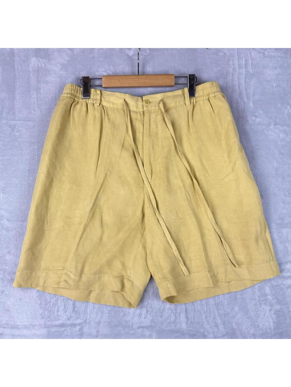Bugatchi Uomo Linen Silk Shorts Yellow Drawstring Elastic Waist Mens L Preppy